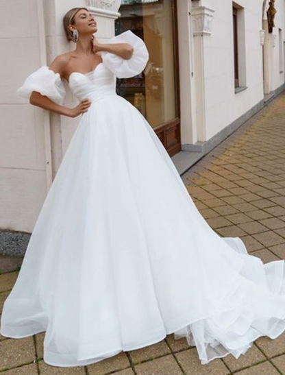 Beach Casual Wedding Dresses Court Train A-Line Short Sleeve Off Shoulder Satin With Solid Color