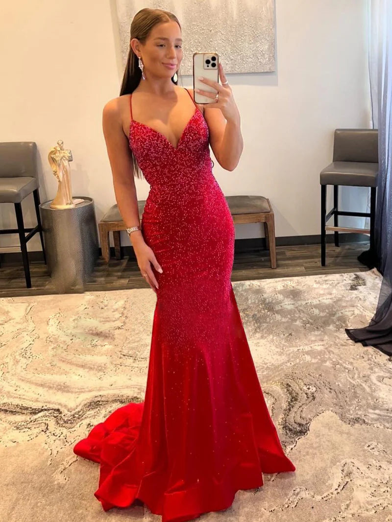 Prom Dress Mermaid V Neck Red Glitter Satin