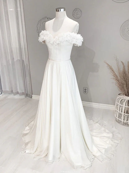 Elegant Long Dress Off Shoulder Flowers Beach Unique Wedding Dress