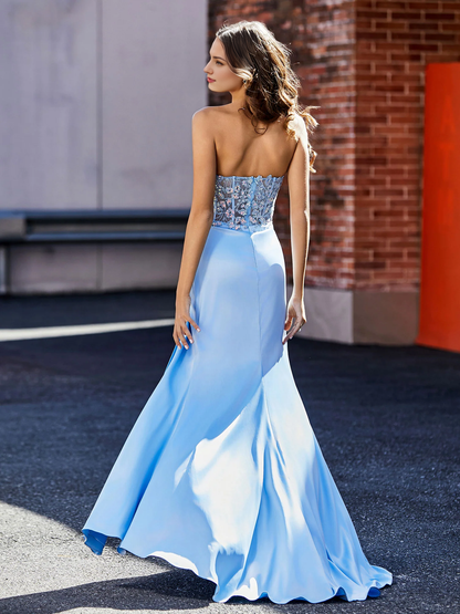 High Slit  Prom Dress Strapless Sheath Satin Gown