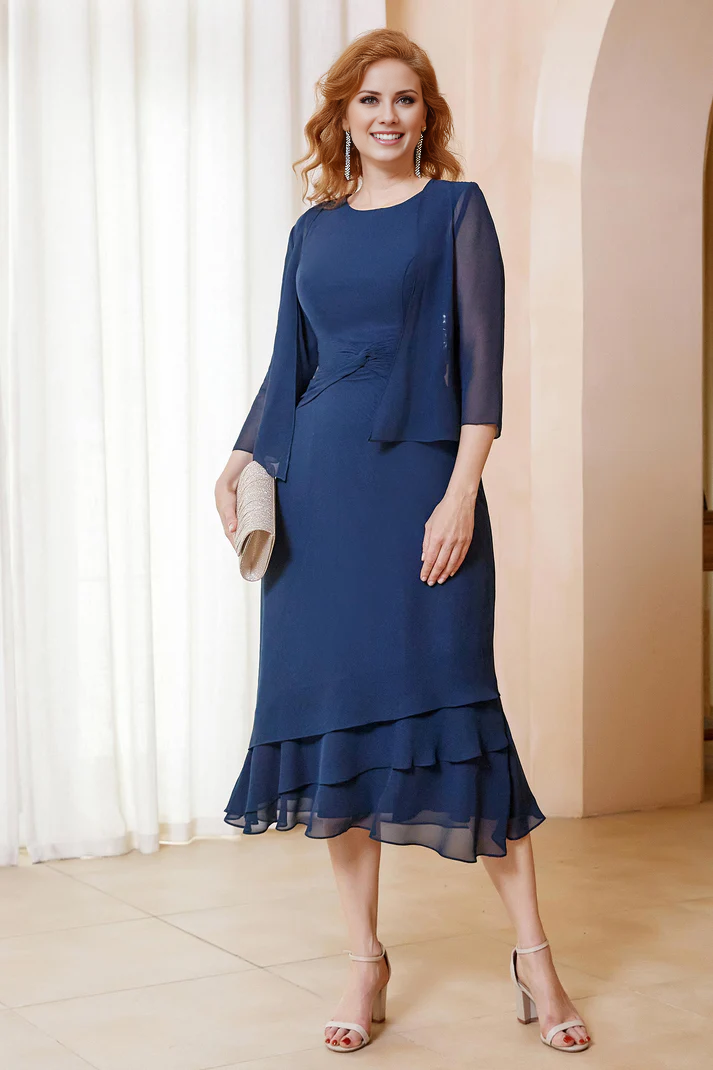 Fall November December Wedding Guest Dress Ruffles Chiffon Tea-Length Dress with Jacket Two Piece Set Mother of the Groom/Bride Dresses