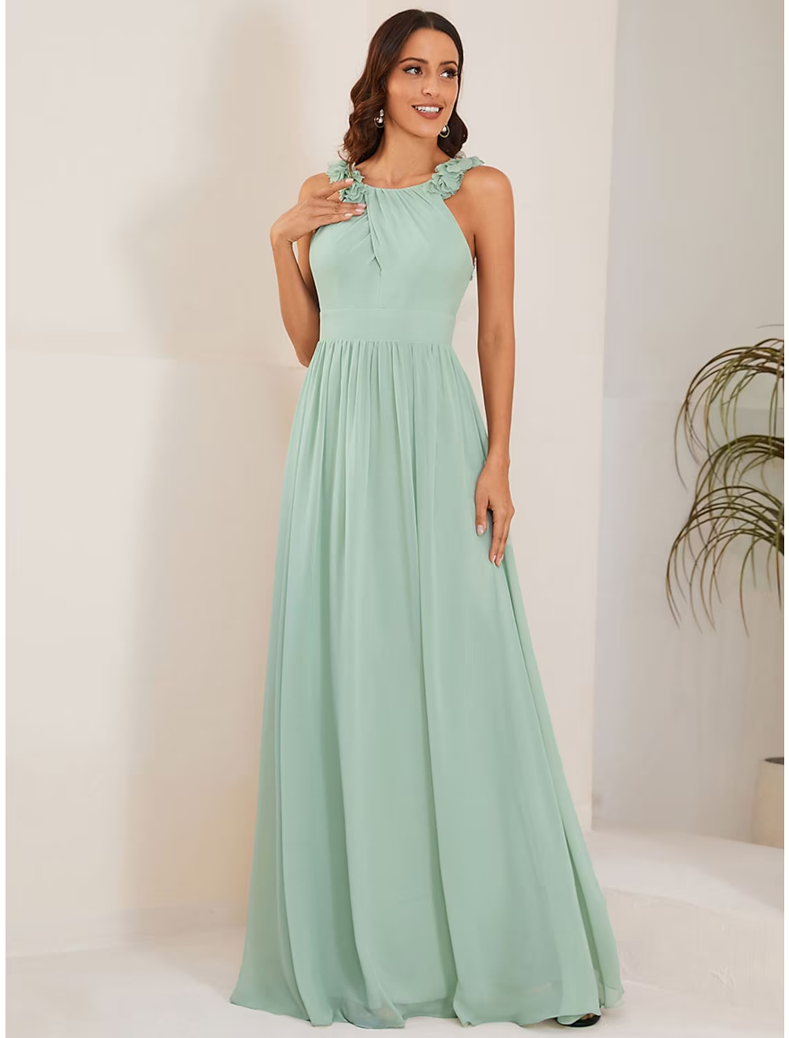 A-Line Wedding Guest Dresses Elegant Dress Formal Floor Length Sleeveless Jewel Neck Chiffon with Pleats Flower Bridesmaid Dresses