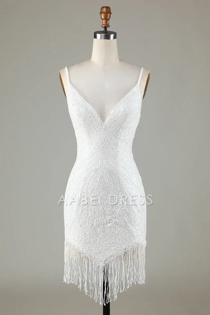 AABEI DRESS Hot Sale Homecoming Dress Sparkly Bodycon Spaghetti Straps Lace-Up Back Beading Fashion Short Graduation Dress