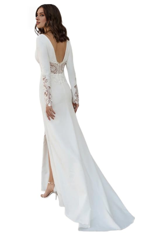 Wedding Dress Long Sleeve Boat Neck Button Back Crepe Satin Wedding Gown Formal Women's Dresses