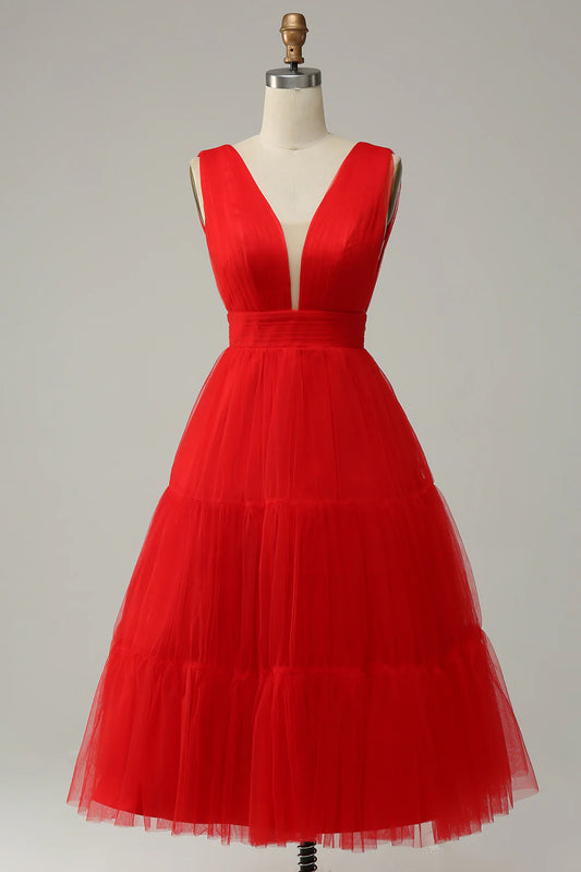 AABEI DRESS Hot Sale Prom Dress Elegant V-Neck Pleated Tulle Tea-Length Backless Formal Dress
