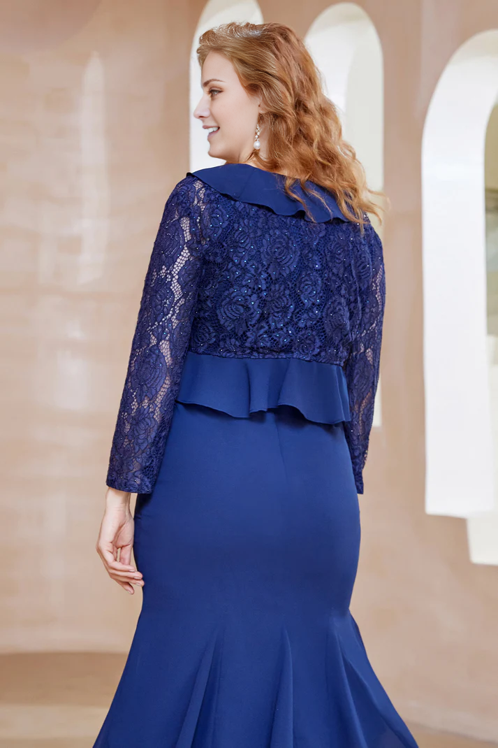 Fall November December Wedding Guest Dress Sequins Lace Long Sleeves Ruffles Chiffon Dress Mother of the Groom/Bride Dresses