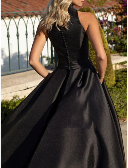 Elegant Dress Formal Fall Sweep / Brush Train Sleeveless V Neck Satin with Pleats Evening Dress