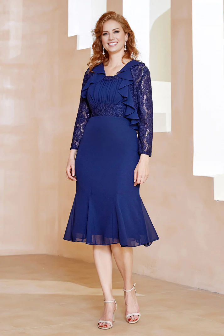 Fall November December Wedding Guest Dress Sequins Lace Long Sleeves Ruffles Chiffon Dress Mother of the Groom/Bride Dresses