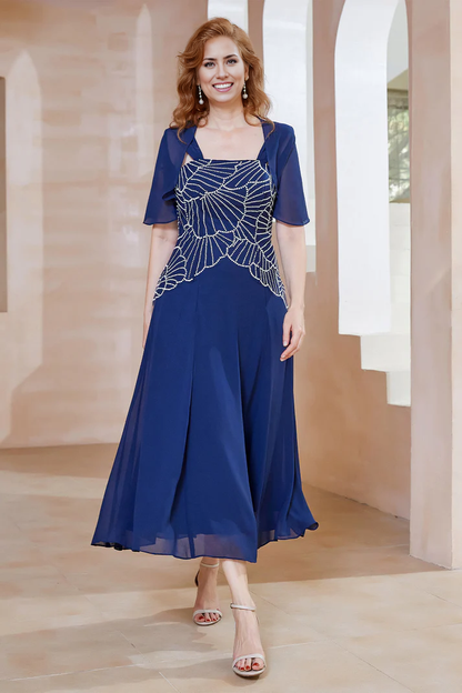 Fall November December Wedding Guest Dress Beaded A-Line Short Sleeves Chiffon Dress Mother of the Groom/Bride Dresses