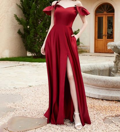 Evening Dress Off The Shoulder Satin Gown Pocket Dress