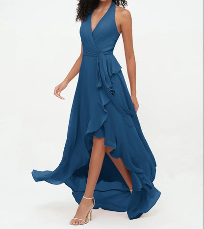 Evening Dress Halter Deep V Neck Chiffon Asymmetrical Dresses