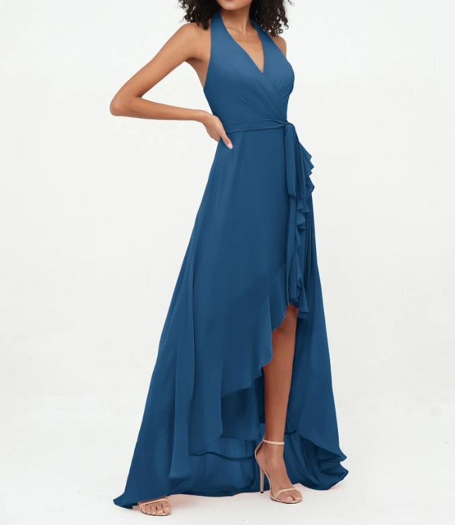 Evening Dress Halter Deep V Neck Chiffon Asymmetrical Dresses