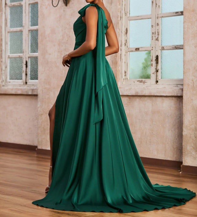 Evening Dress One Shoulder Ruched A-Line Long Ribbons Dress