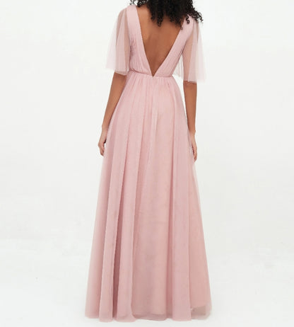 Evening Dress A-Line V-Neck Tulle With Deep V Back Dress