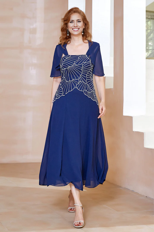 Fall November December Wedding Guest Dress Beaded A-Line Short Sleeves Chiffon Dress Mother of the Groom/Bride Dresses