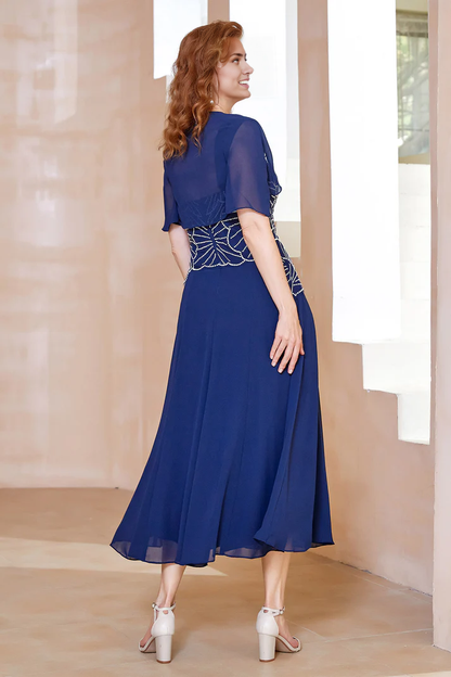 Fall November December Wedding Guest Dress Beaded A-Line Short Sleeves Chiffon Dress Mother of the Groom/Bride Dresses