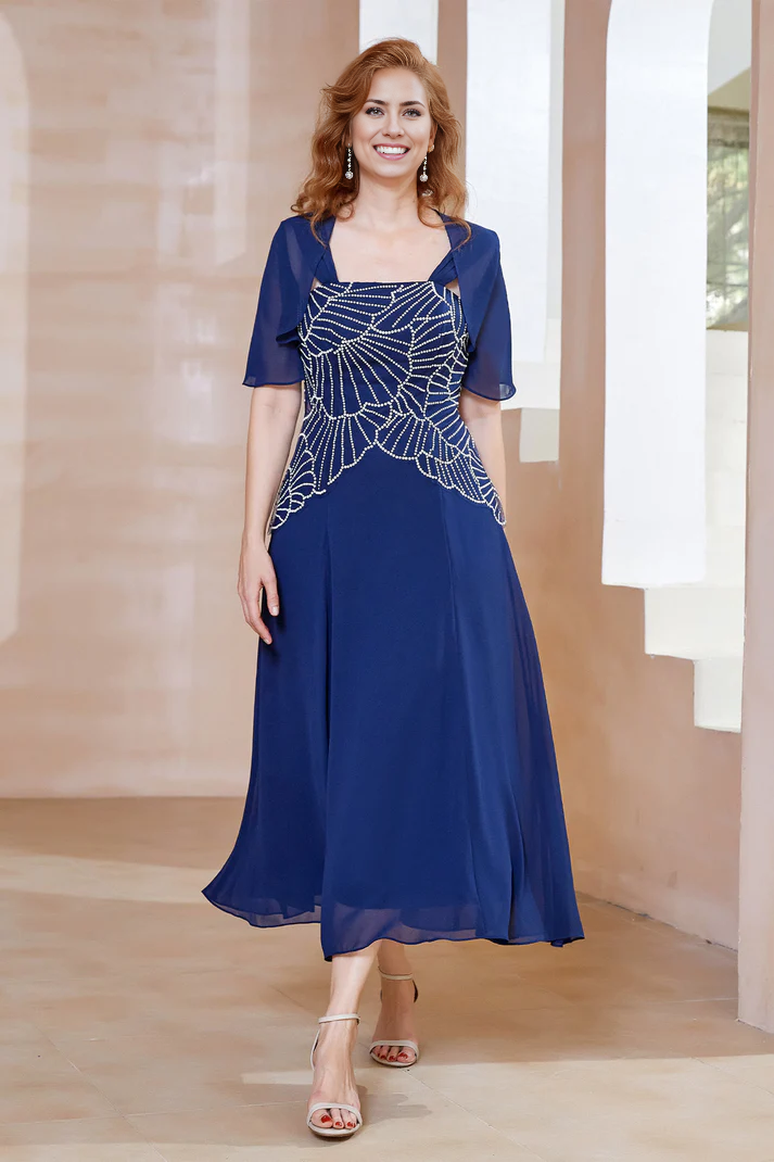 Fall November December Wedding Guest Dress Beaded A-Line Short Sleeves Chiffon Dress Mother of the Groom/Bride Dresses