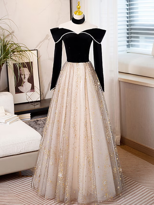 A-Line Prom Dresses Sparkle & Shine Dress Engagement Floor Length Long Sleeve Sweetheart Tulle with Sequin