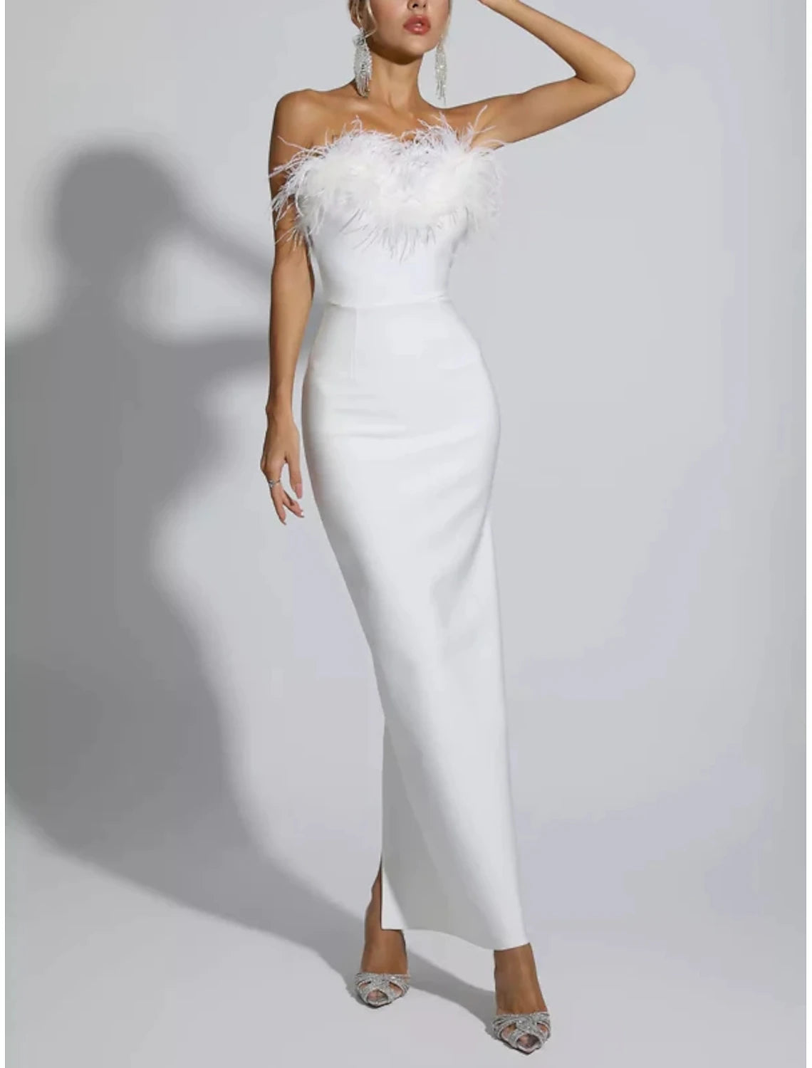 Wedding Guest Dresses Elegant Dress Formal Fall Ankle Length Sleeveless Strapless Stretch Fabric with Feather Slit Evening Dresses