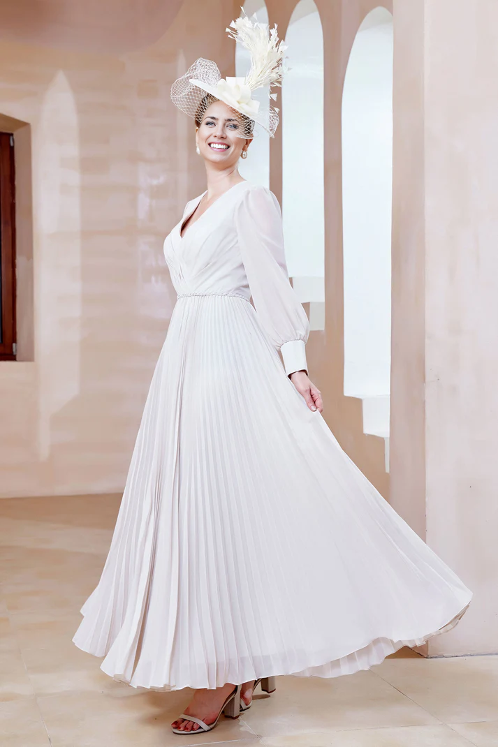 Fall November December Wedding Guest Dress V-Neck Long Sleeves Pleated Long Dress Mother of the Groom/Bride Dresses