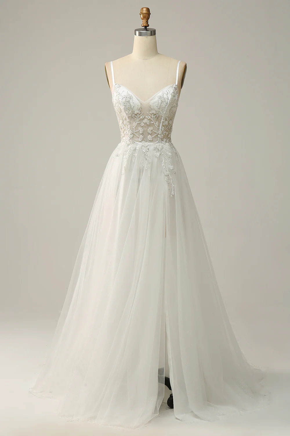 AABEI DRESS Hot Sale Prom Dress Elegant A Line Spaghetti Straps Tulle Applique Side Fork Fantastic Long Party Dress