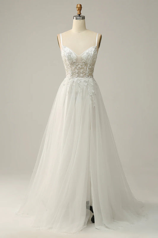 AABEI DRESS Hot Sale Prom Dress Elegant A Line Spaghetti Straps Tulle Applique Side Fork Fantastic Long Party Dress
