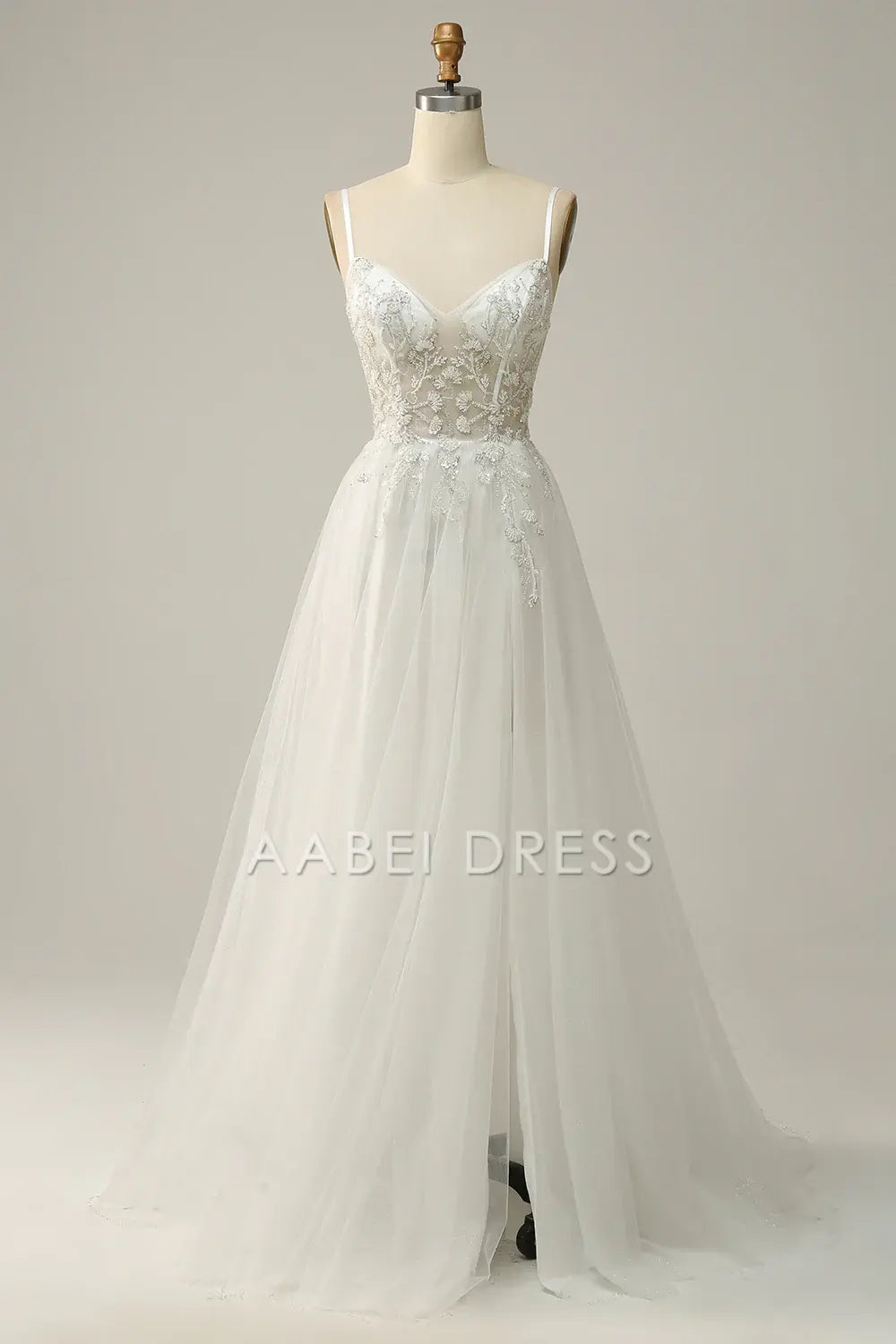 AABEI DRESS Hot Sale Prom Dress Elegant A Line Spaghetti Straps Tulle Applique Side Fork Fantastic Long Party Dress