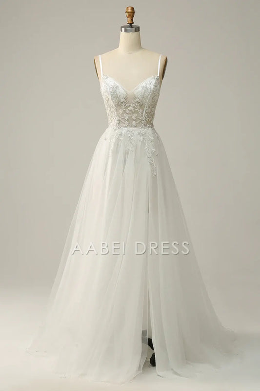 AABEI DRESS Hot Sale Prom Dress Elegant A Line Spaghetti Straps Tulle Applique Side Fork Fantastic Long Party Dress