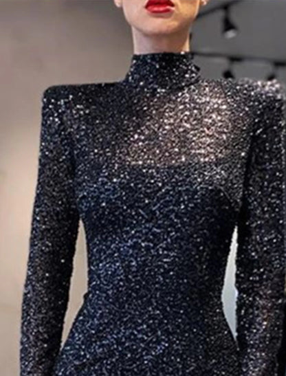 Gown Elegant Formal Cocktail Party Floor Length Long Sleeve High Neck Sequined with Sequin Evening Dress