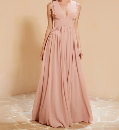 Evening Dress V-Neck Ruffles Pleated Split fork Dress