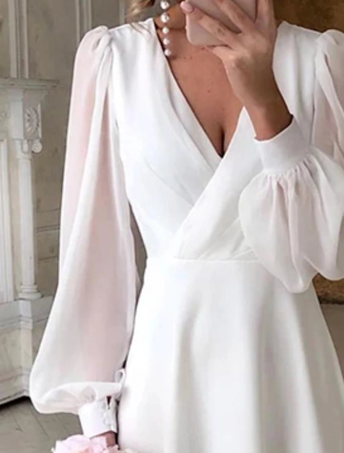 Simple Wedding Dresses Little Dresses A-Line V Neck For Wedding Reception Lantern Sleeve Ankle Length Chiffon Shower With Solid Color Bridal Gowns