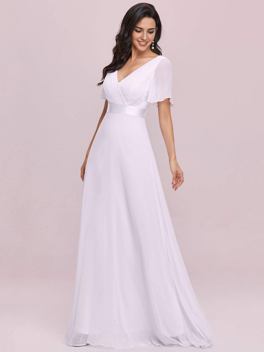 Wedding Dress V-Neck Short Sleeve Ruched Floor Length Formal Women's Dresses