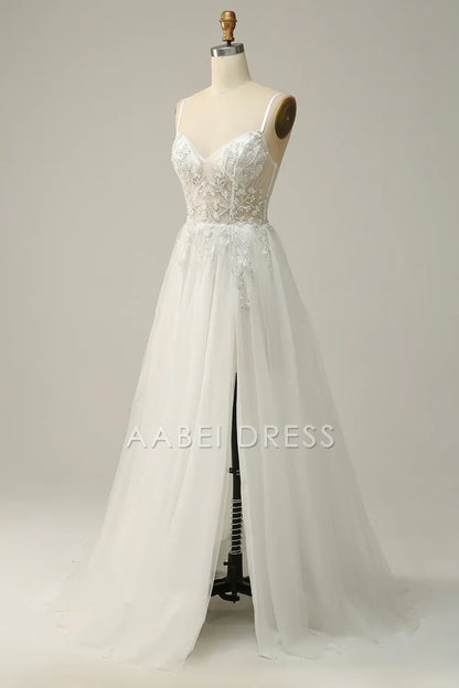 AABEI DRESS Hot Sale Prom Dress Elegant A Line Spaghetti Straps Tulle Applique Side Fork Fantastic Long Party Dress