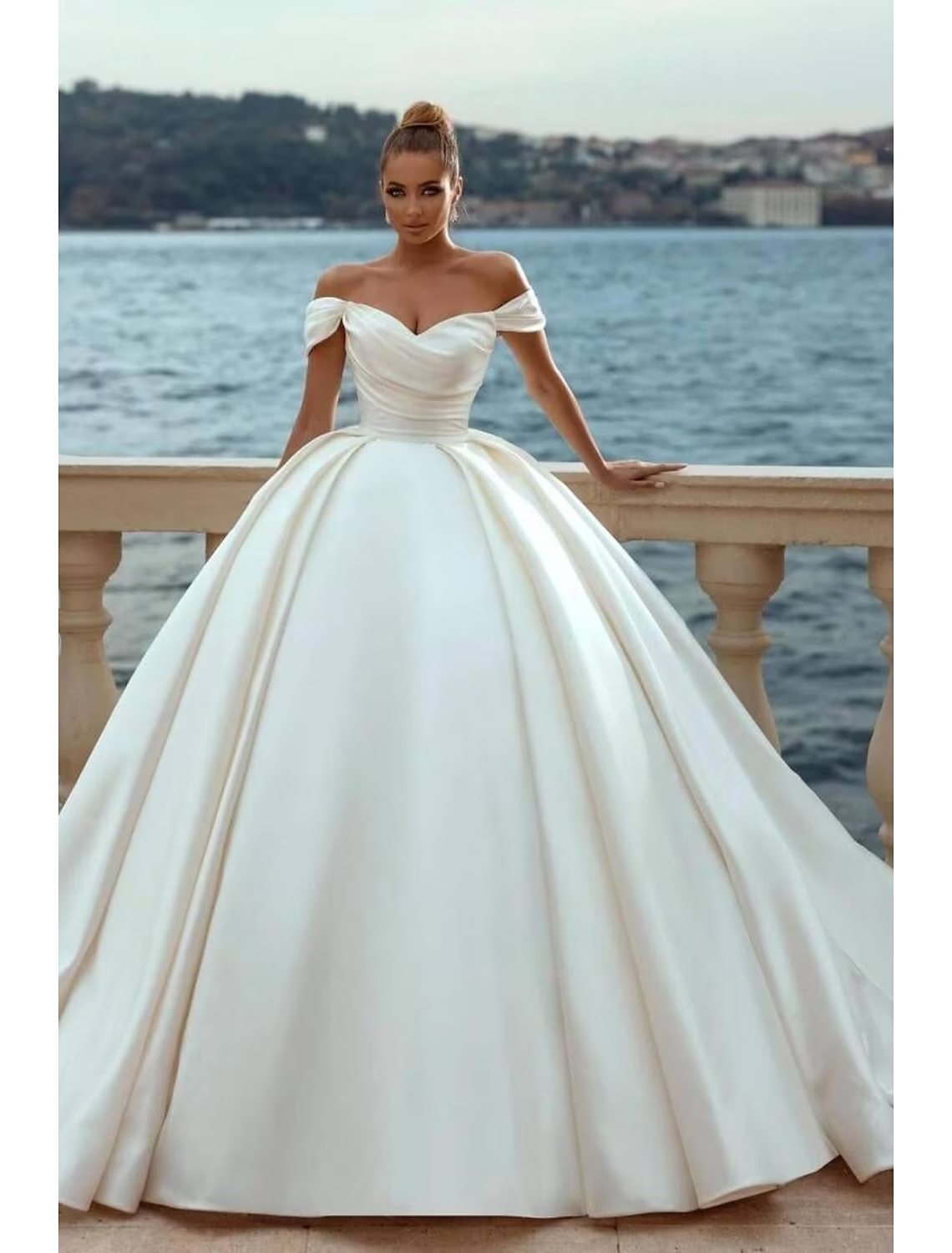 Engagement Formal Wedding Dresses Watteau Train Ball Gown Sleeveless Off Shoulder Satin With Ruched Solid Color