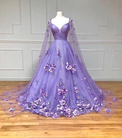 Prom Dress Lavender Floral Lace A-Line with Cape Sleeves A Line Sweetheart Tiered Tulle Long With Slit