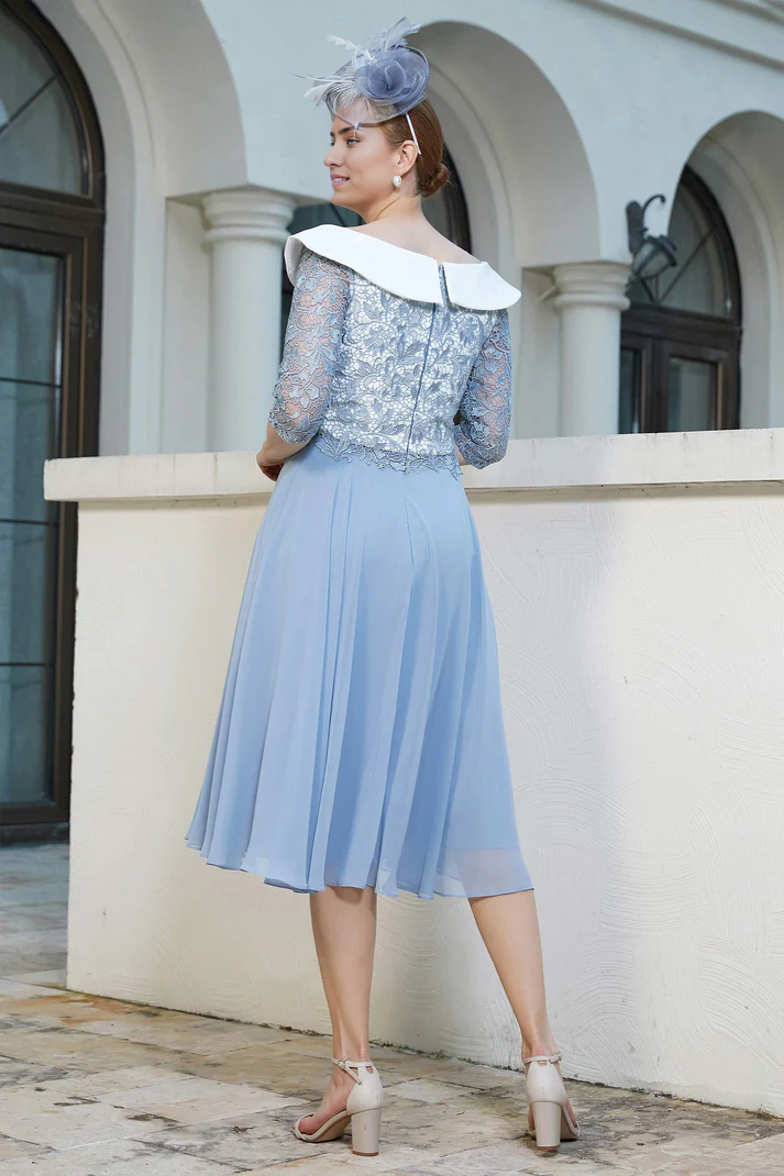 Fall November December Wedding Guest Dress A-Line Lace Top Scoop Neck Chiffon Dress Mother of the Groom/Bride Dresses