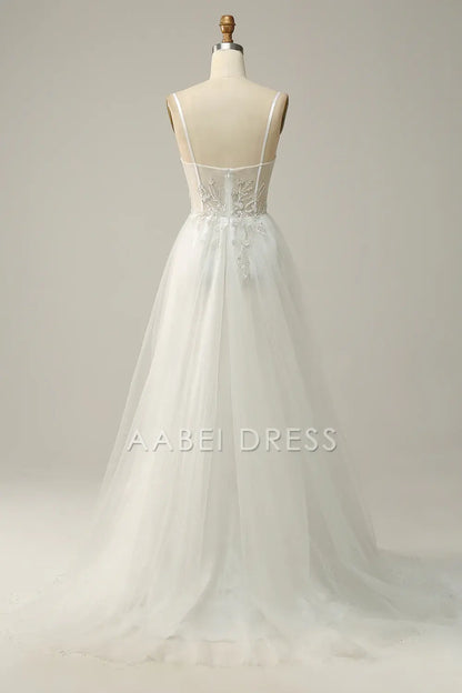 AABEI DRESS Hot Sale Prom Dress Elegant A Line Spaghetti Straps Tulle Applique Side Fork Fantastic Long Party Dress