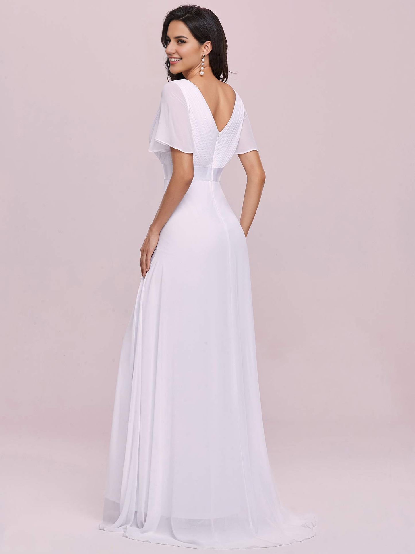 Wedding Dress V-Neck Short Sleeve Ruched Floor Length Formal Women's Dresses