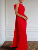 Wedding Guest Dress Sleeveless Elegant Dress Bow Tie Dress Formal Floor Length Jewel Neck Stretch Fabric Evening Dresses