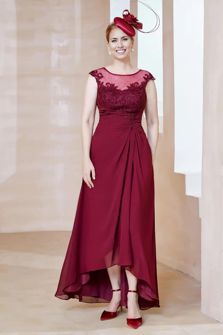 Fall November December Wedding Guest Dress Lace Illusion Neck Asymmetrical Chiffon Dress Mother of the Groom/Bride Dresses