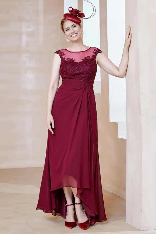 Fall November December Wedding Guest Dress Lace Illusion Neck Asymmetrical Chiffon Dress Mother of the Groom/Bride Dresses