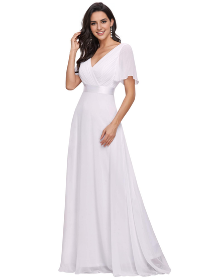 Wedding Dress V-Neck Short Sleeve Ruched Floor Length Formal Women's Dresses