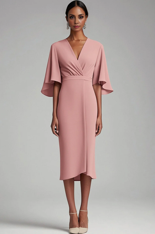 AABEI DRESS Mother Of The Bride Dress V Neck Bodycon Chiffon 1/2 Sleeves Tea-Length Elegant Formal Wear Dresse