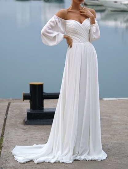 Beach Casual Wedding Dresses Sweep / Brush Train A-Line Long Sleeve Off Shoulder Chiffon With Ruched Solid Color