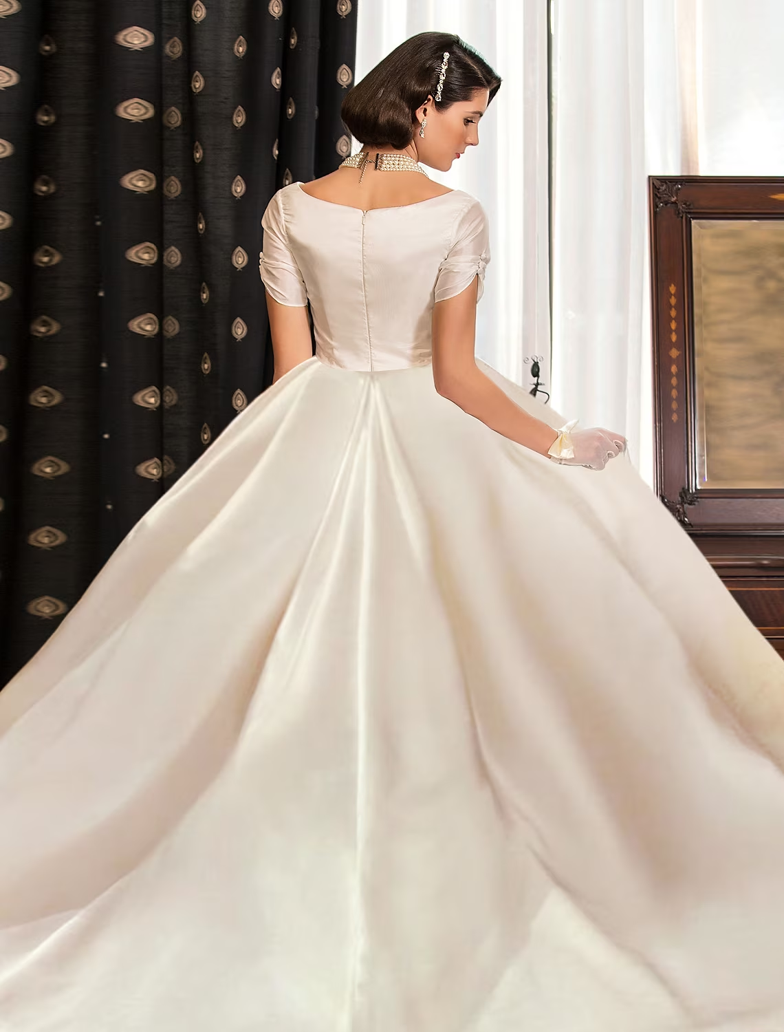 Engagement Formal Wedding Dresses Court Train Ball Gown Short Sleeve V Neck Satin With Ruched Solid Color