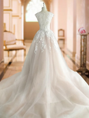 Formal Wedding Dresses Chapel Train Ball Gown Sleeveless Illusion Neck Lace Bridal Suits With Buttons Appliques