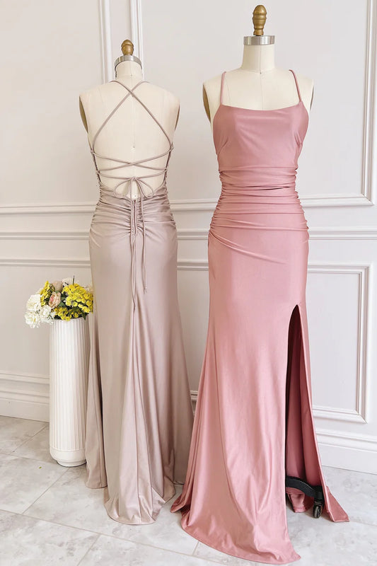 Bridesmaid Dress Satin Lace-Up Sheath Long  with Slit