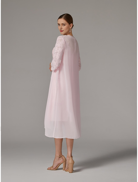 Fall November December Wedding Guest Dress Two Piece Sheath / Column Dress Suit Elegant Vintage Plus Size Neck Knee Length Chiffon 3/4 Length Sleeve Jacket Dresses Lace Appliques Mother of the Groom / Bride Dresses