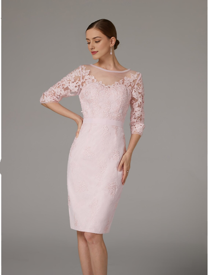 Fall November December Wedding Guest Dress Two Piece Sheath / Column Dress Suit Elegant Vintage Plus Size Neck Knee Length Chiffon 3/4 Length Sleeve Jacket Dresses Lace Appliques Mother of the Groom / Bride Dresses