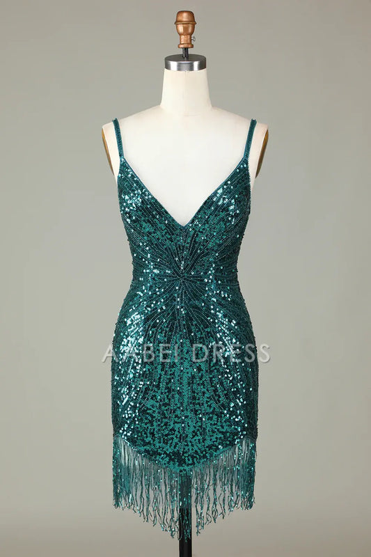 AABEI DRESS Hot Sale Homecoming Dress Sparkly Bodycon Spaghetti Straps Lace-Up Back Beading Fashion Short Graduation Dress